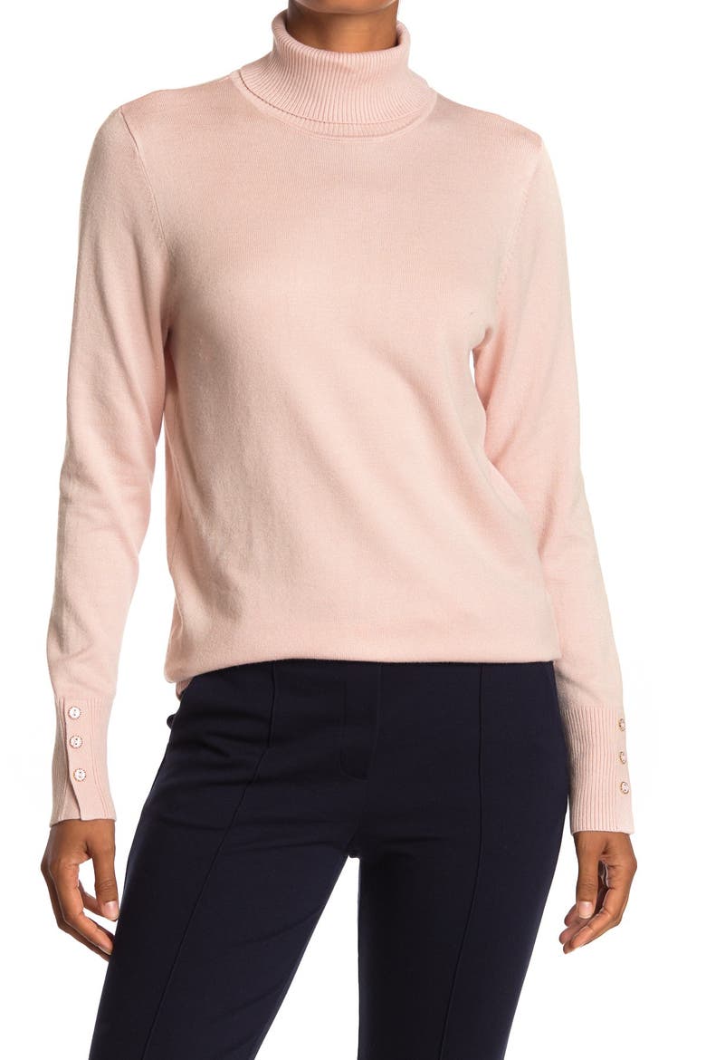 Turtleneck Button Sleeve Pullover Sweater, Main, color, ROSE QUARTZ