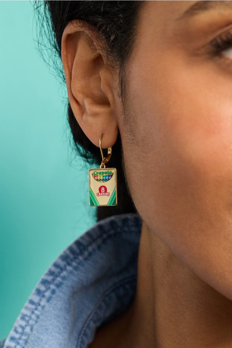 Crayola 'To Teach Is To Color A Life Forever' Crayon Box Earrings, Alternate, color, Gold