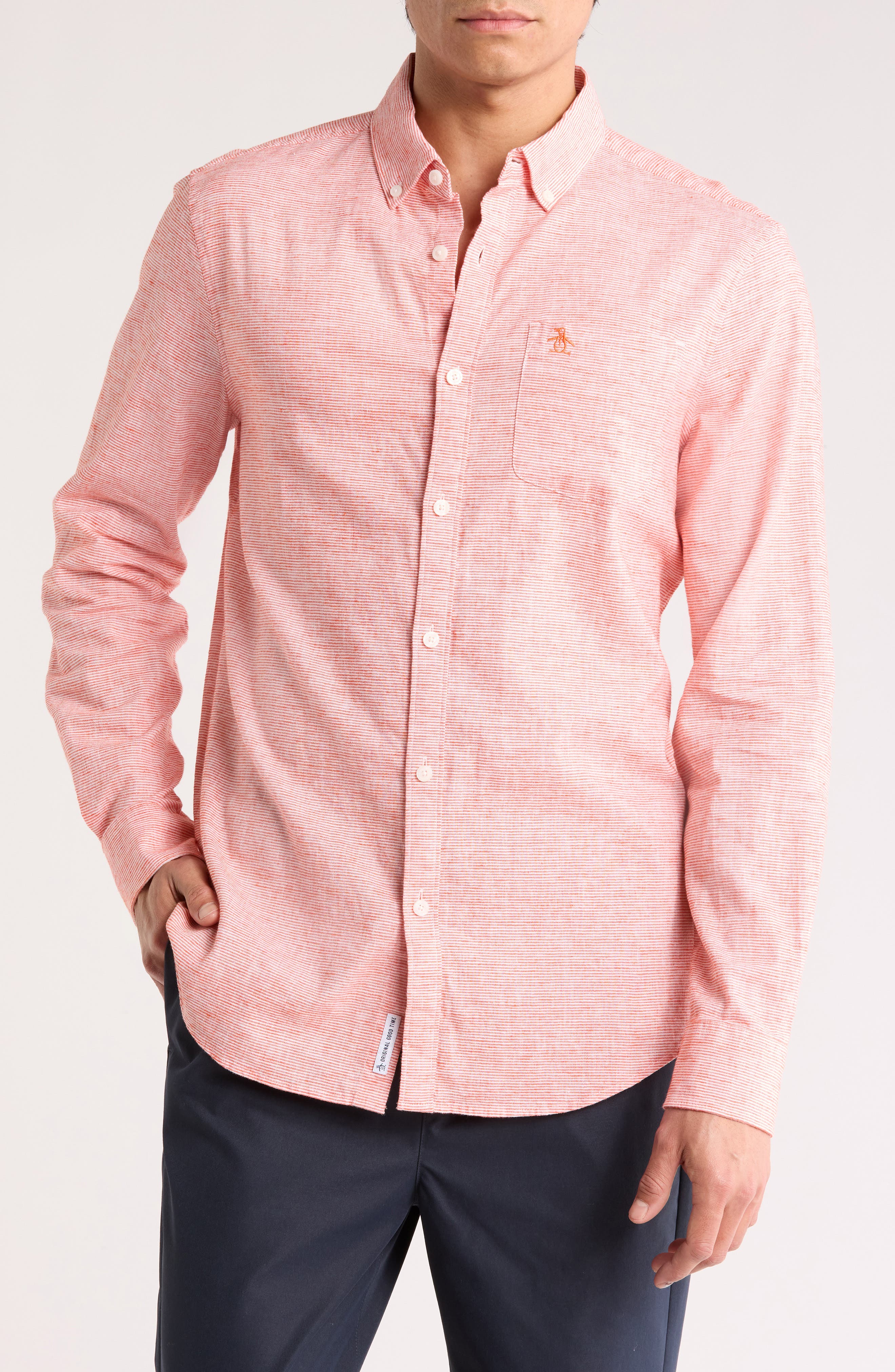 Original Penguin Stripe Stretch Linen & Cotton Button-Down Shirt