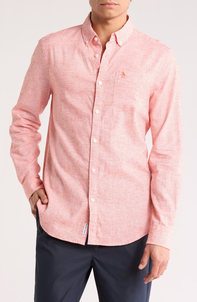 Original Penguin Stripe Stretch Linen & Cotton Button-Down Shirt, Main, color, Cherry Tomoato