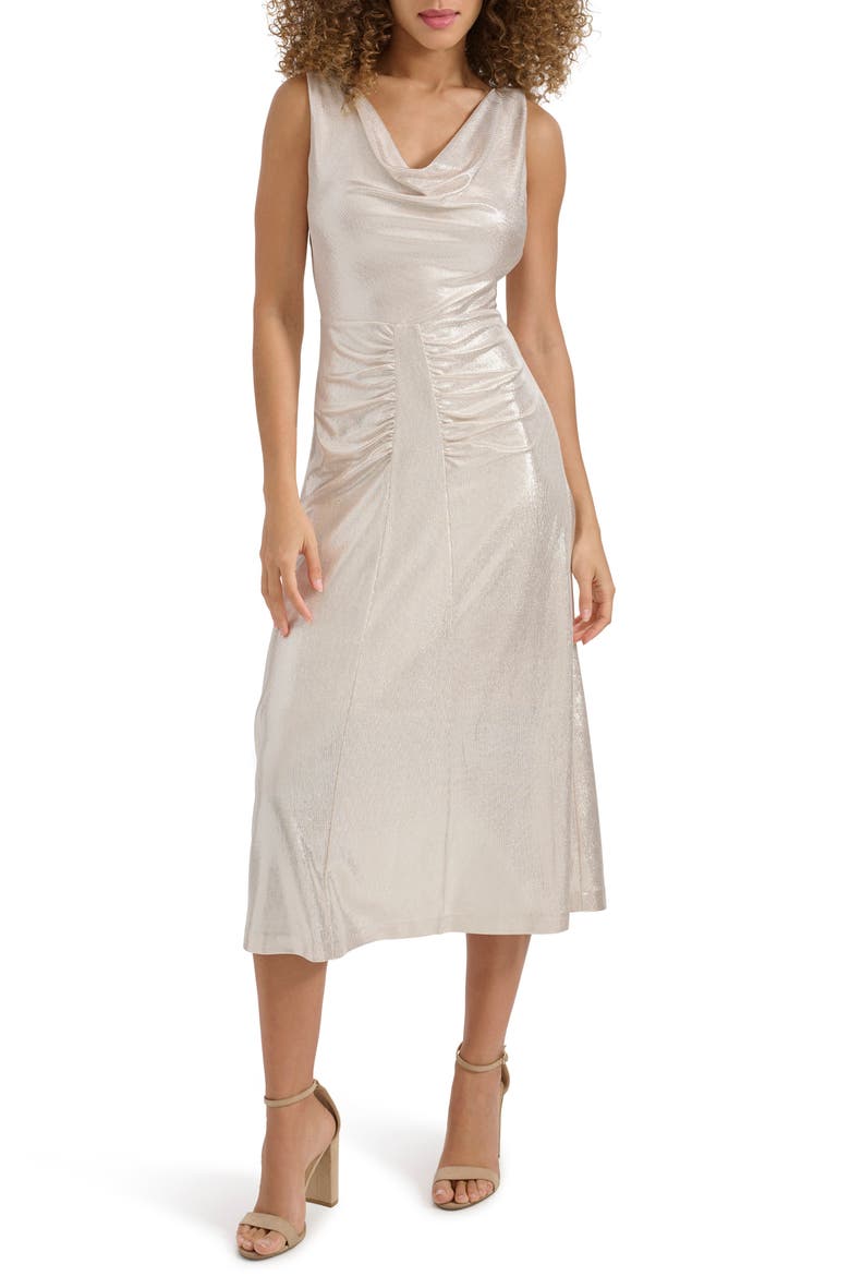 Draped Metallic Jersey Midi Dress, Main, color, CHAMPAGNE