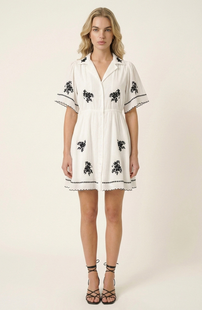 Modenaire Short-Sleeve Button-Front Embroidered Shirt Dress, Main, color, White / Black