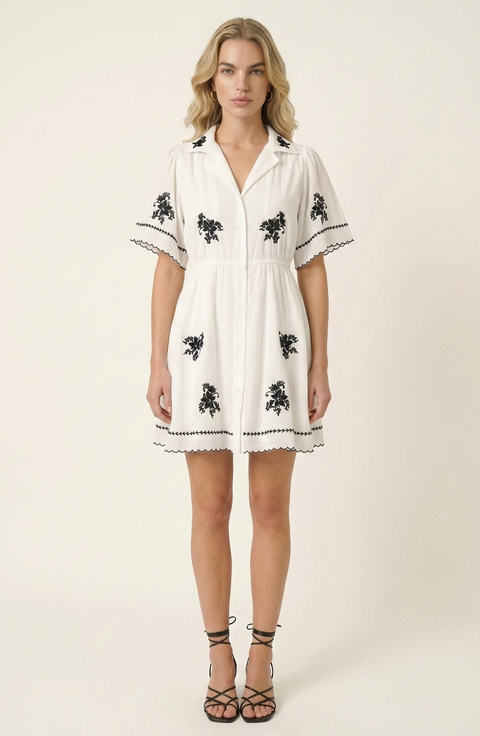 Short-Sleeve Button-Front Embroidered Shirt Dress