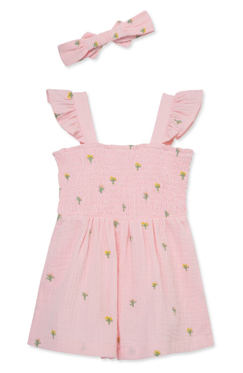 Little Me Floral Embroidered Cotton Romper & Headband Set, Alternate, color, Pink