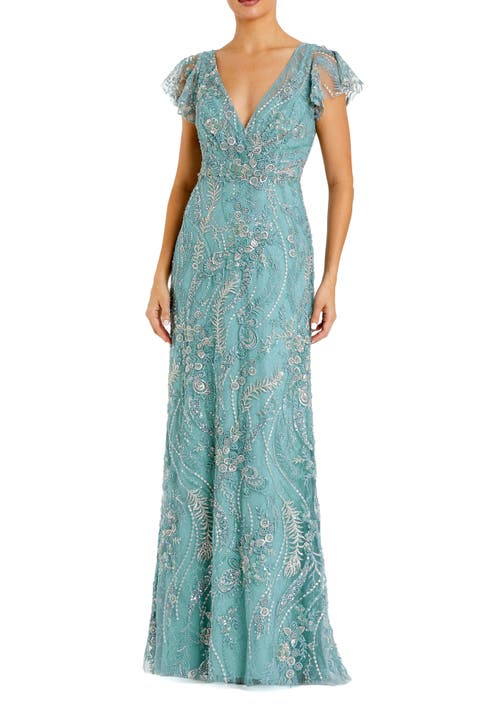 Petite V Neck Flutter Sleeve Floral Embroidered Gown