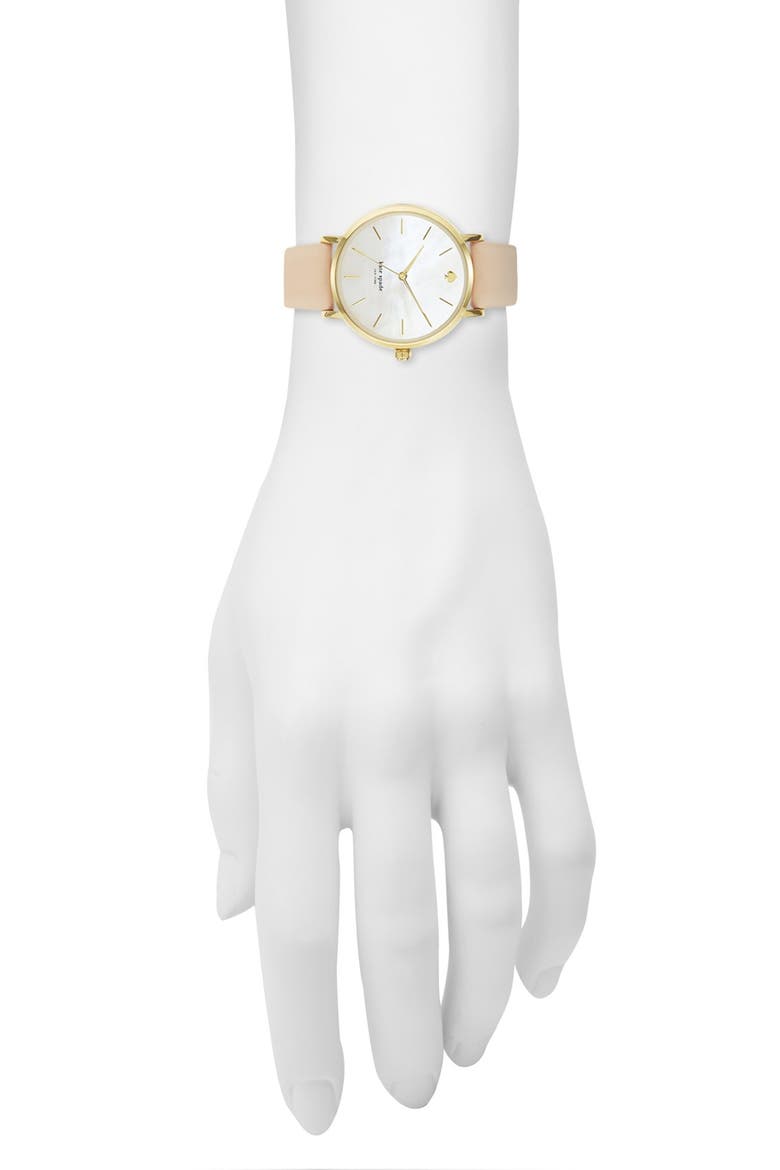 'metro' round leather strap watch, 34mm, Alternate, color, GOLD/ BEIGE