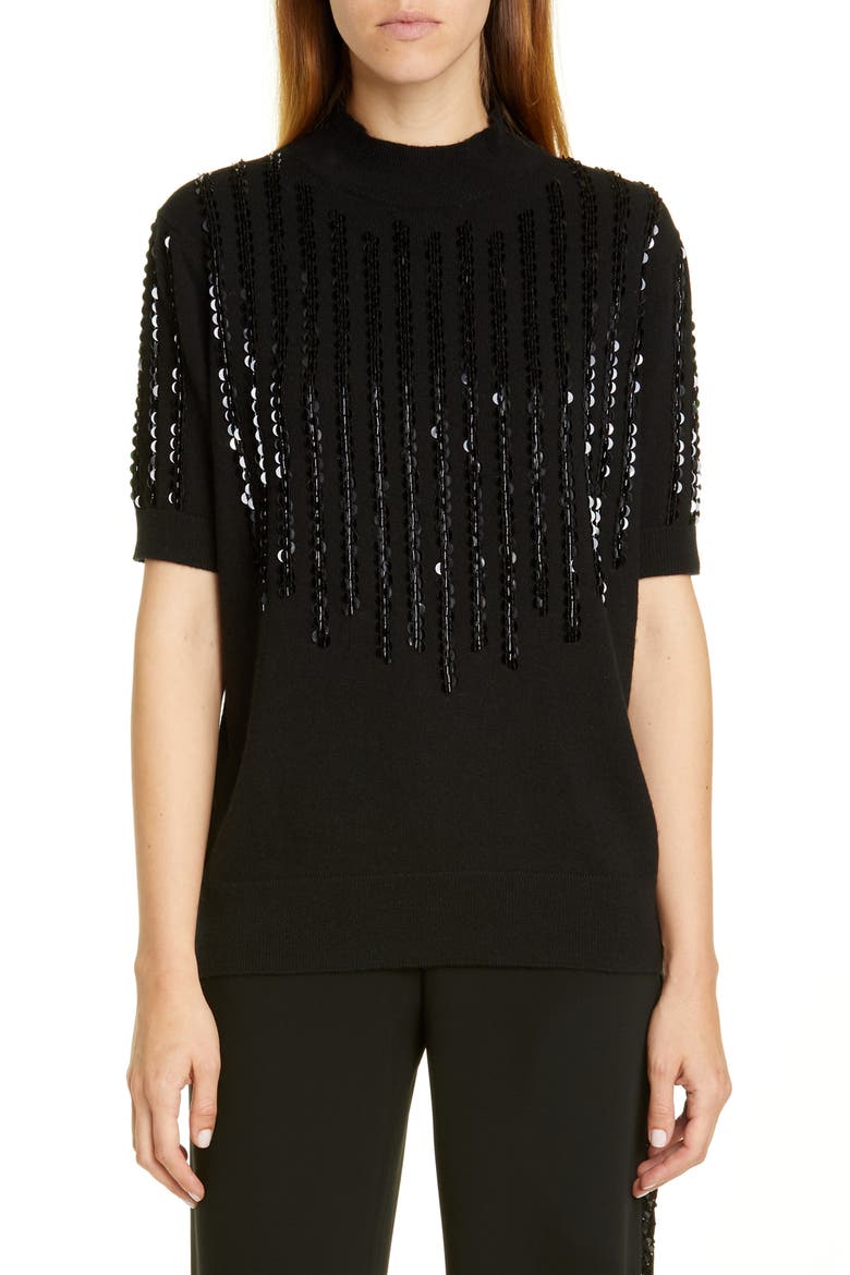 Sequin Stripe Cashmere Sweater, Main, color, BLACK
