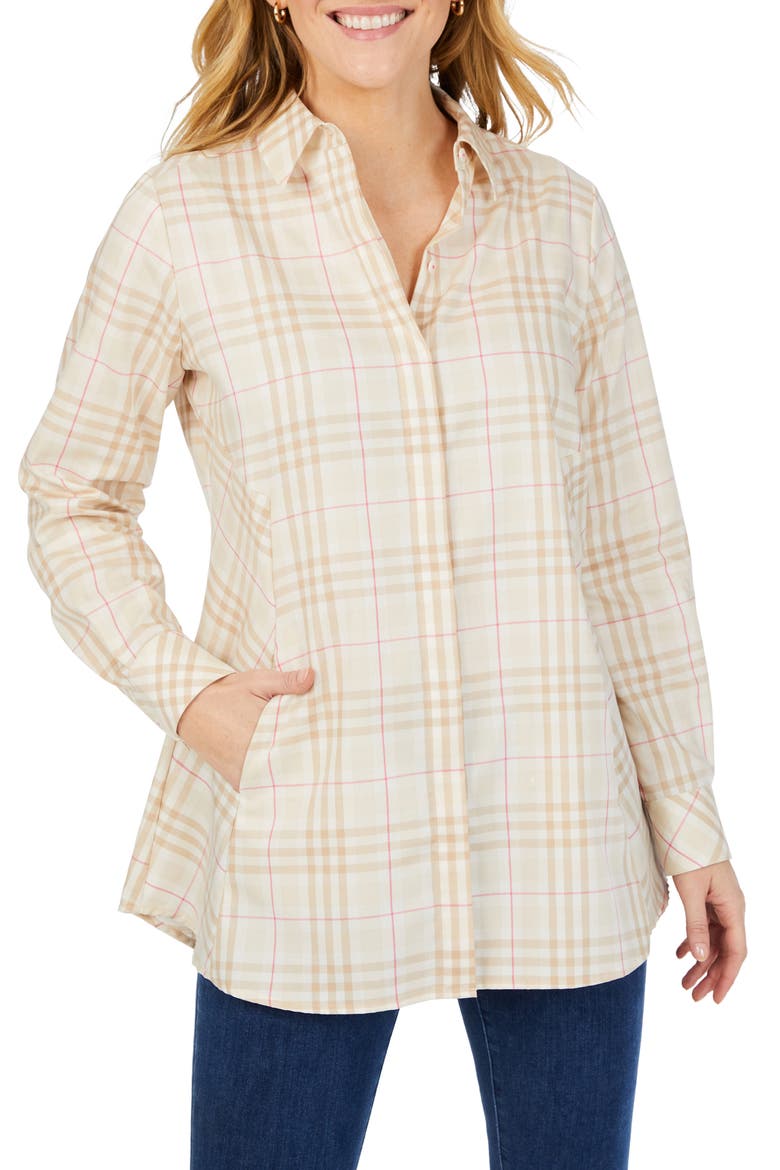 Cici Plaid Cotton Button-Up Tunic Shirt, Main, color, BIRCH WOOD