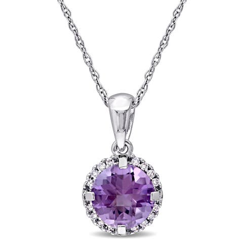 Amethyst & Diamond Halo Necklace 10k