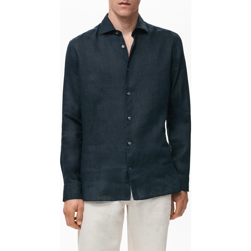 Mango Slim Fit Linen Button-up Shirt In Blue