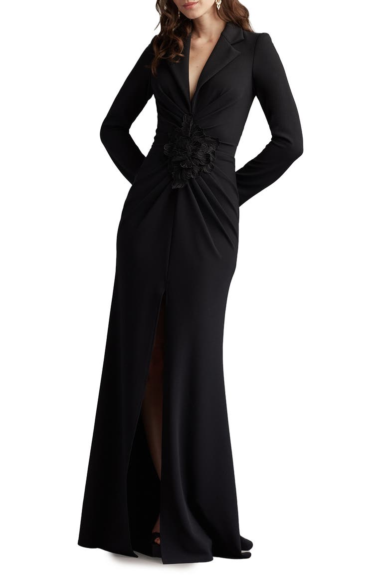 Embroidered Crepe Flower Long Sleeve Body-Con Gown, Alternate, color, BLACK