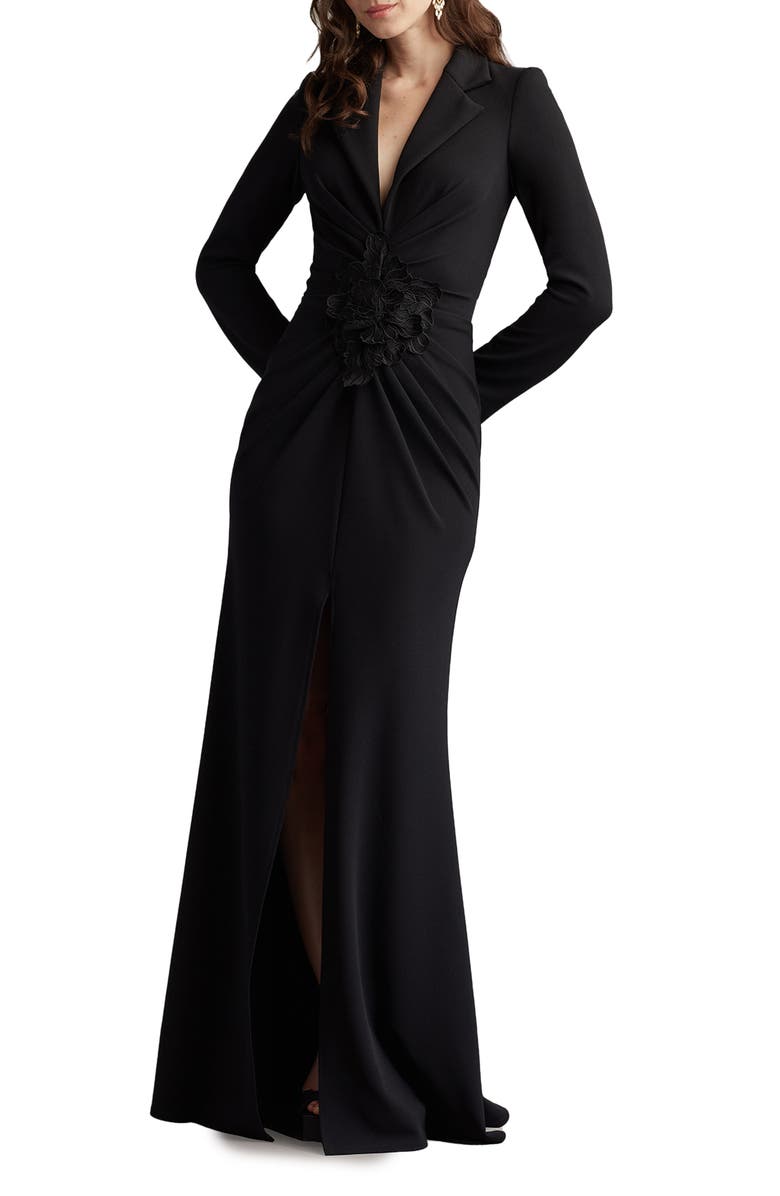 Tadashi Shoji Embroidered Crepe Flower Long Sleeve Body-Con Gown, Alternate, color, Black
