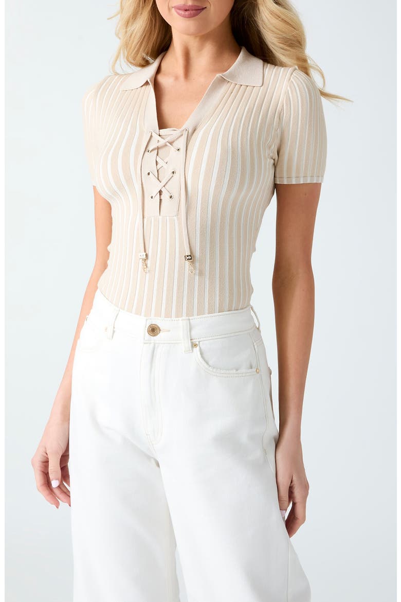 Regina Lace-Up Short Sleeve Polo Sweater, Main, color, BEIGE