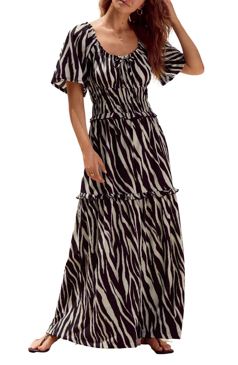 NEXT Zebra Print Tiered Maxi Dress, Main, color, Black