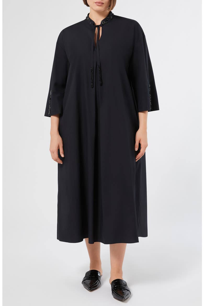 Sulmona Bead Detail Tie Neck Cotton Poplin Dress, Main, color, BLACK