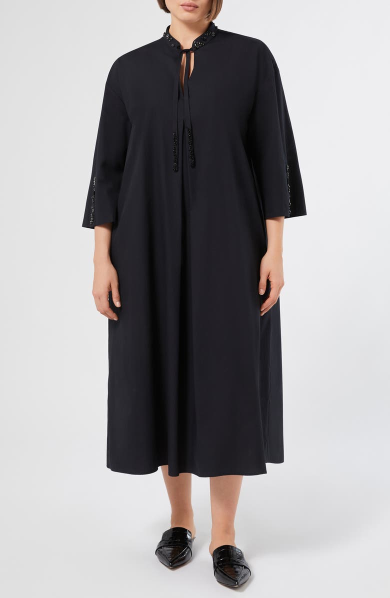 Marina Rinaldi Sulmona Bead Detail Tie Neck Cotton Poplin Dress, Main, color, Black