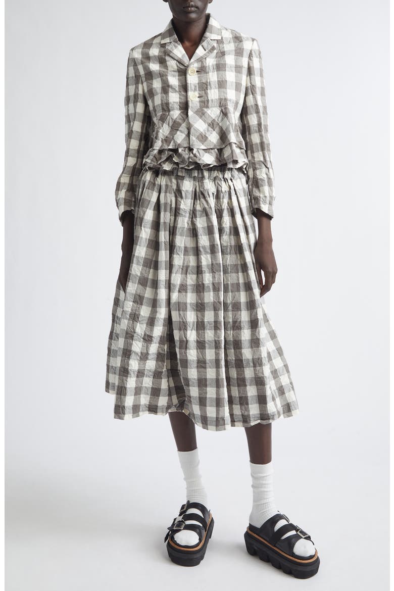 Gingham Crinkled Cotton & Linen Midi Skirt, Alternate, color, GRAY/ WHITE