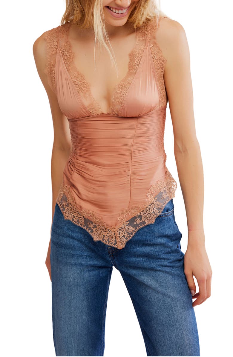 Free People Elena Lace Trim Satin Tank Top, Main, color, Peached Copper