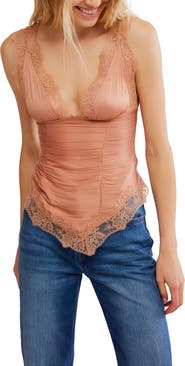 Free People Elena Lace Trim Satin Tank Top