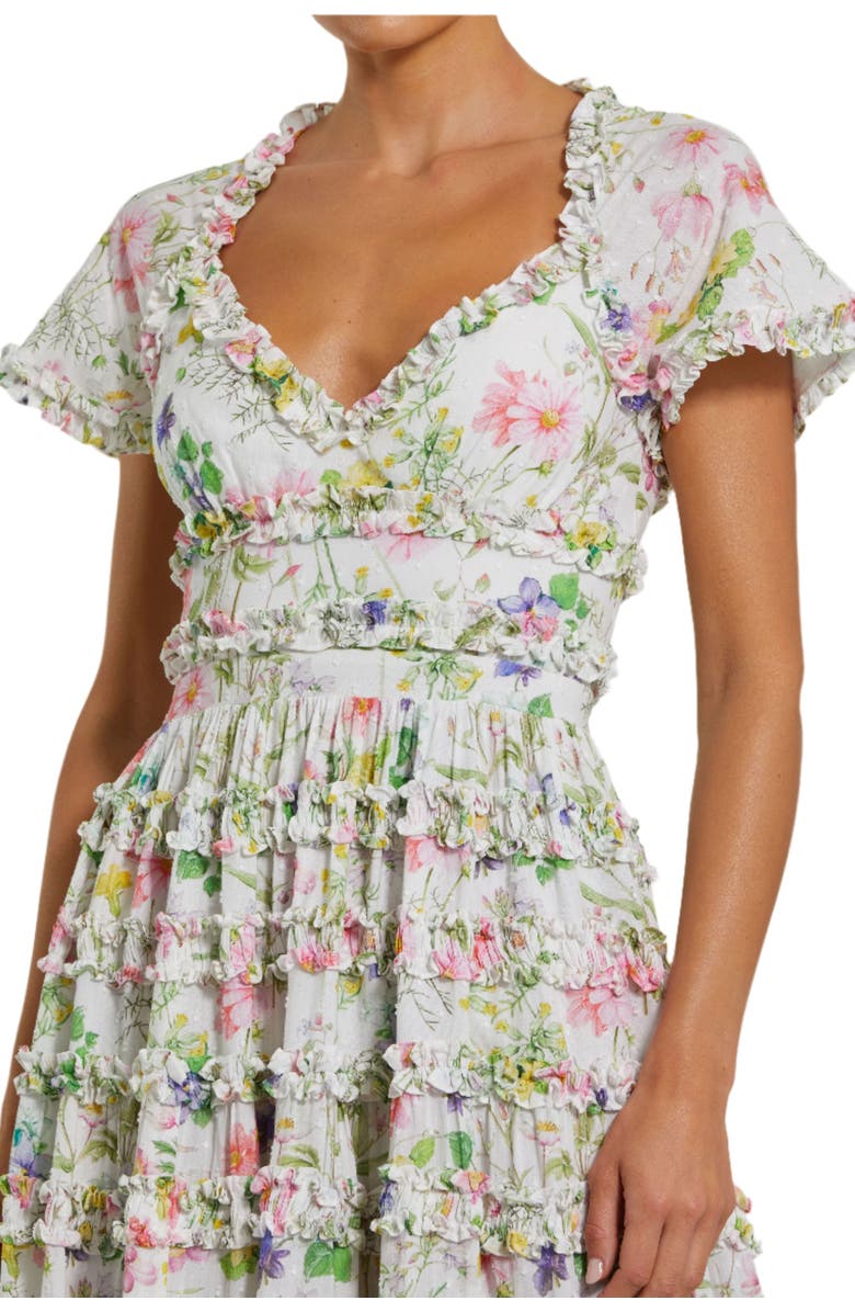 Mac Duggal Cap Sleeve V Neck Open Back Floral Cotton Dress, Alternate, color, White Multi