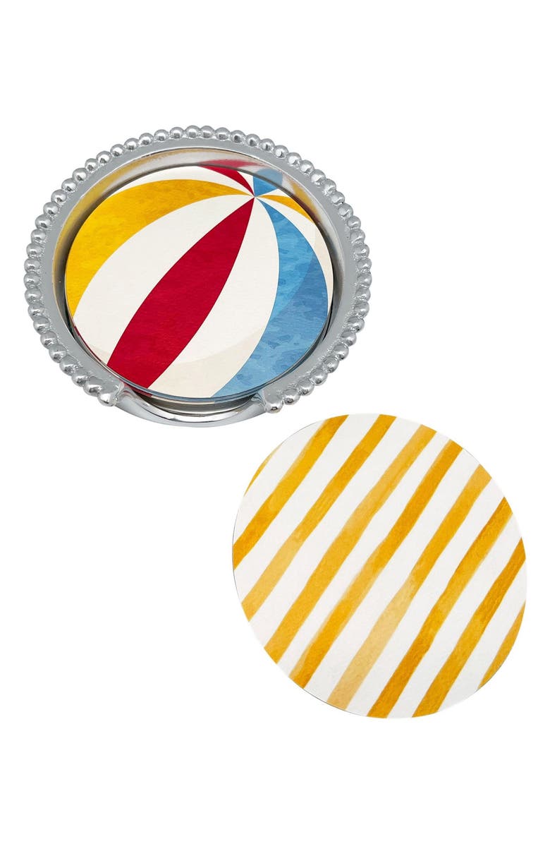 Mariposa Beach Ball & Stripes Beaded Coaster Set, Main, color, Silver