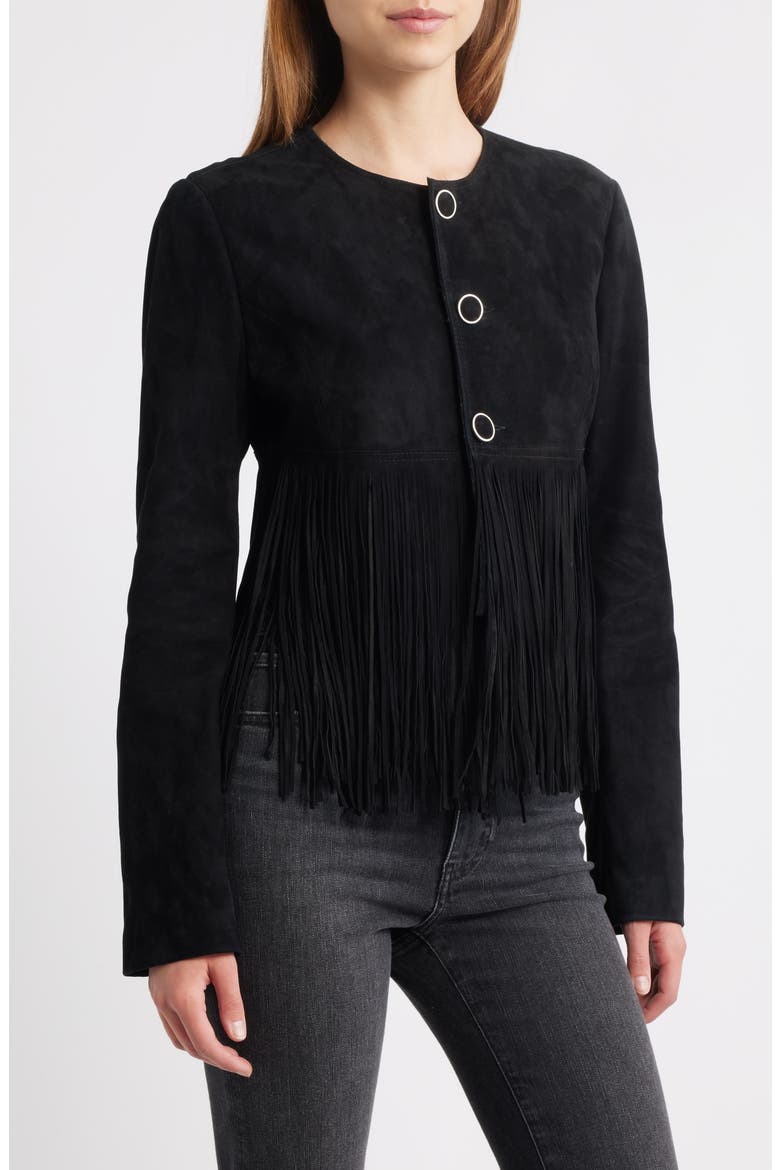 The Saddle Suede Fringe Jacket, Main, color, BLACK