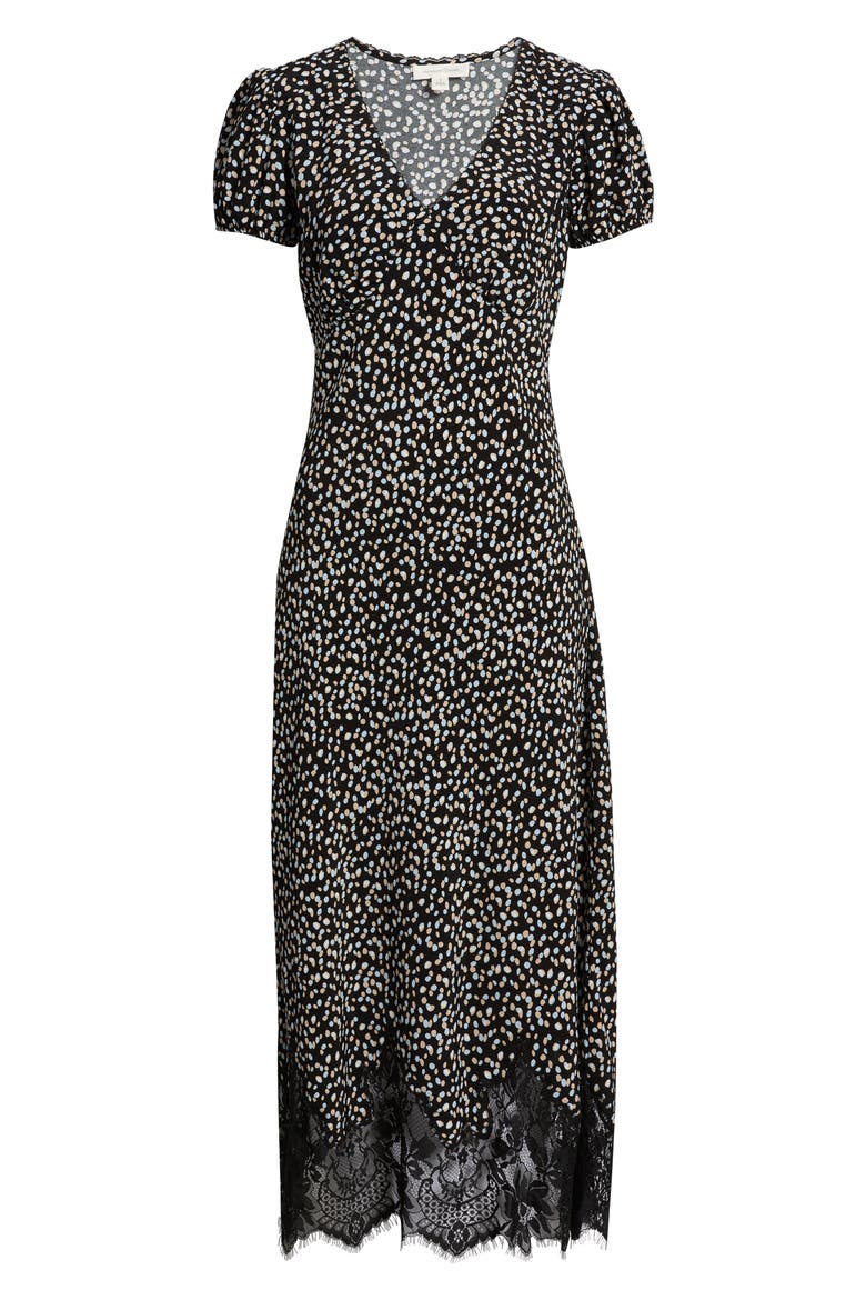 Lace Trim Bias Cut Midi Dress, Main, color, BLACK- BLUE MULTI DOT