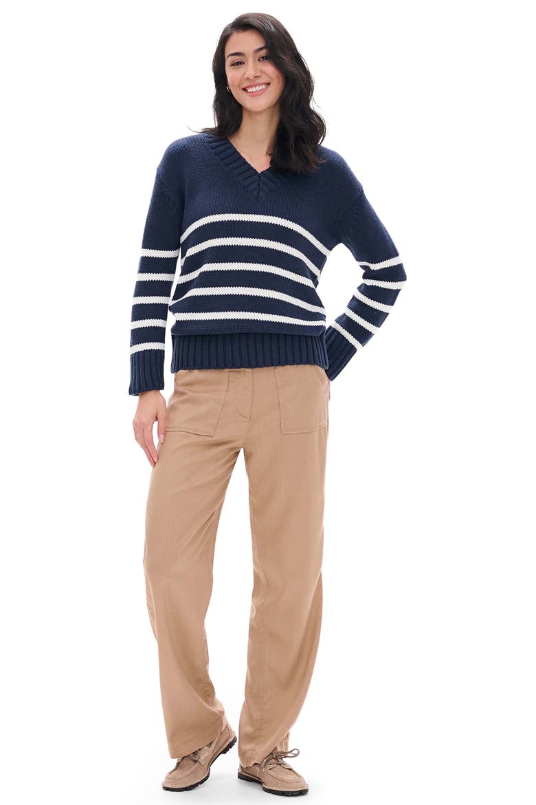 Stripe Cotton & Cashmere V-Neck Sweater, Alternate, color, NAVY