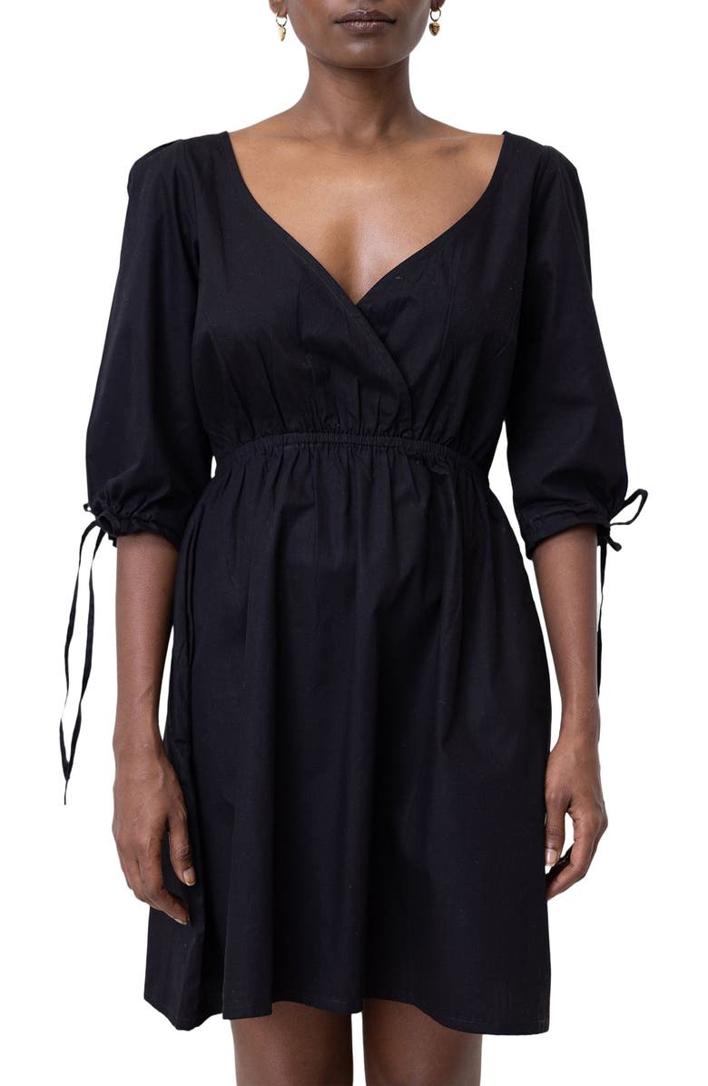 Reistor Gathered Elbow Sleeve Short Dress, Alternate, color, Black