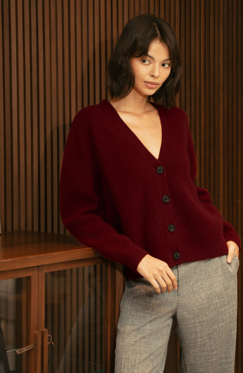 Italic Billie Chunky Cropped Cashmere Cardigan, Alternate, color, Pinot Noir
