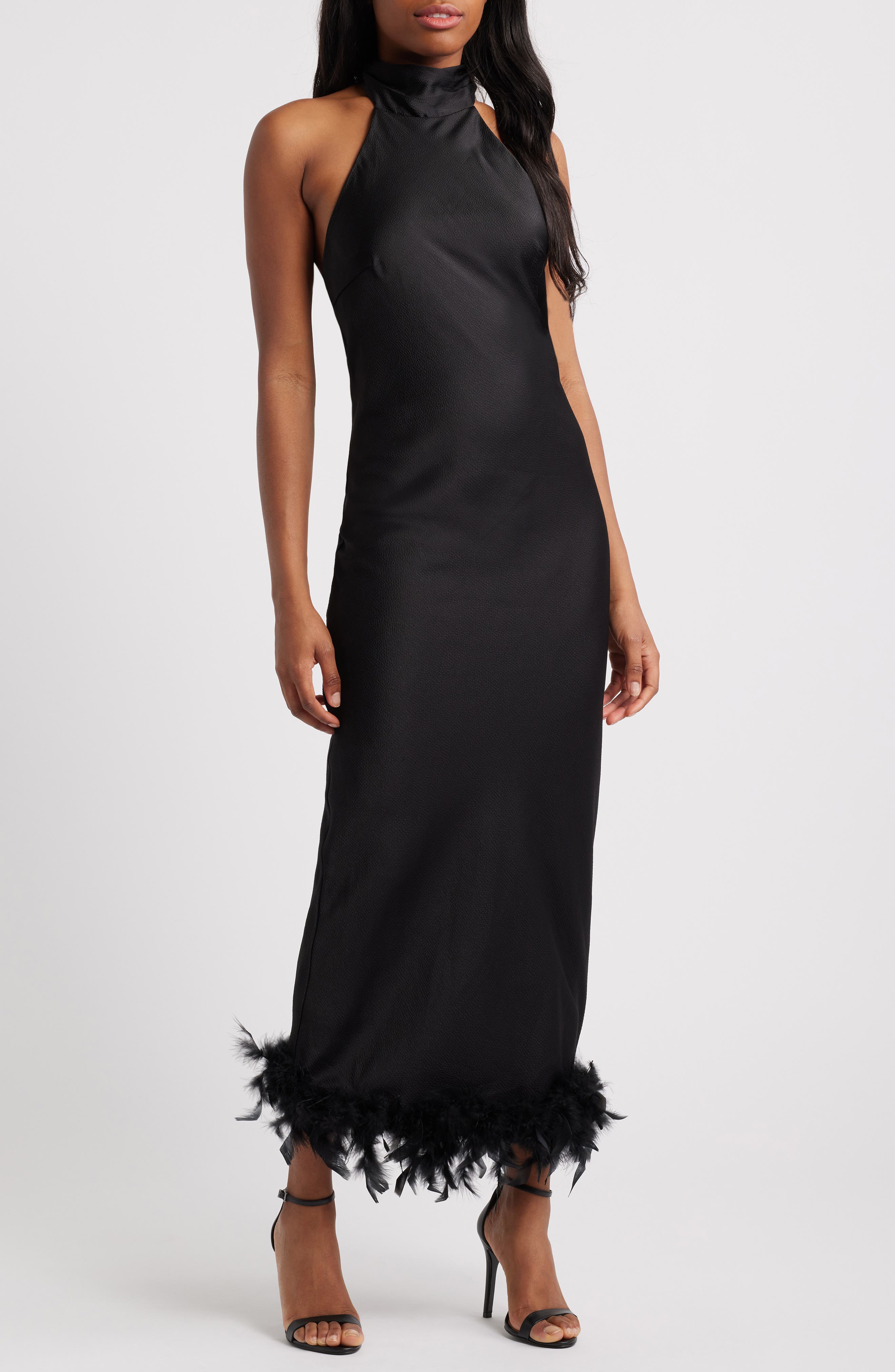 Rare London Feather Trim Halter Satin Cocktail Midi Dress in Black 