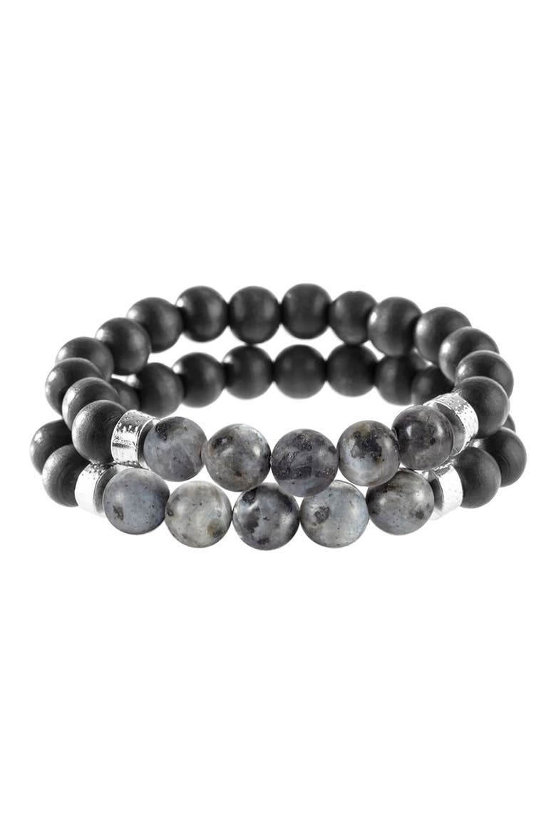 Black Wood & Grey Labradorite Beaded Stretch Bracelet Set, Main, color, GUN METAL