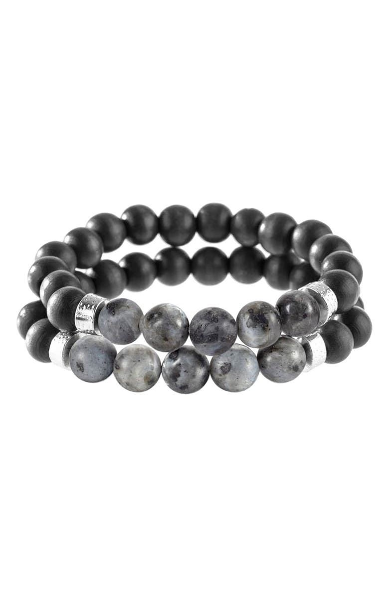 AMERICAN EXCHANGE Black Wood & Grey Labradorite Beaded Stretch Bracelet Set, Main, color, 