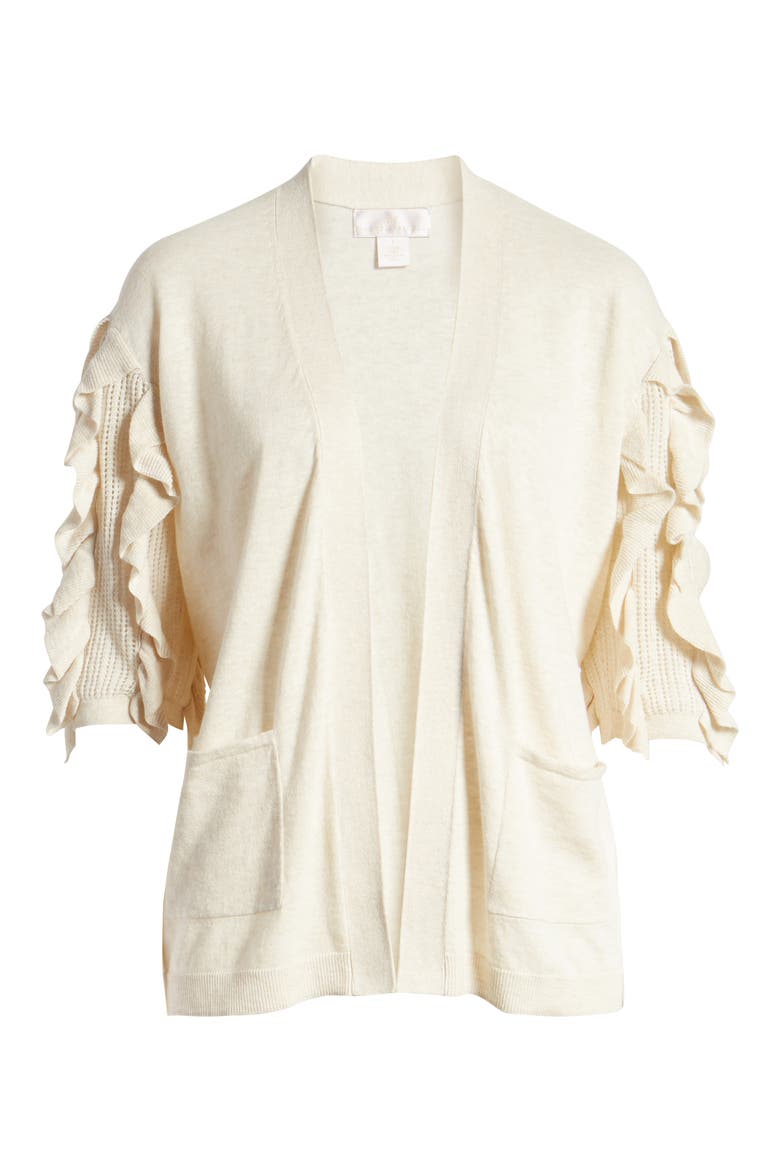 Ruffle Sleeve Cardigan Sweater, Alternate, color, BEIGE OATMEAL HEATHER