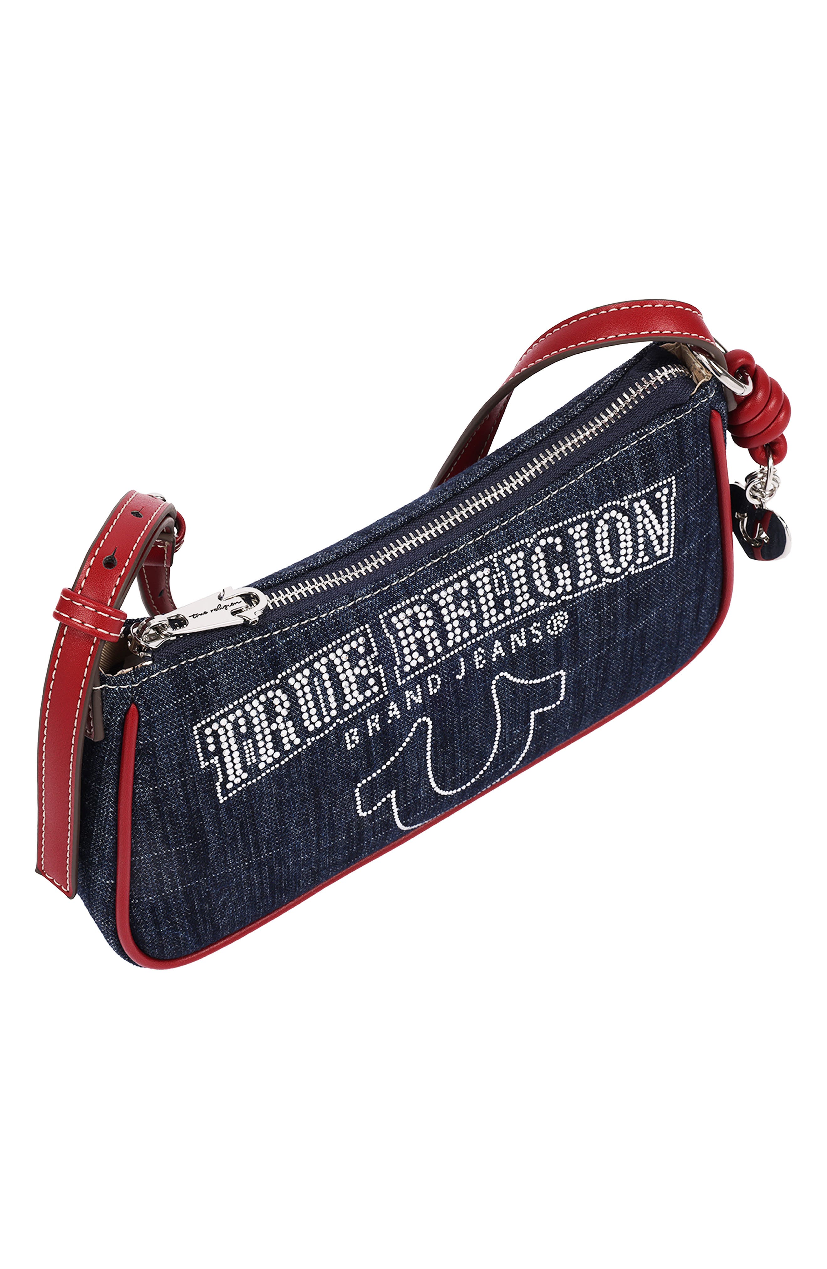 Bling Logo Denim Shoulder Bag, Alternate, color, RED