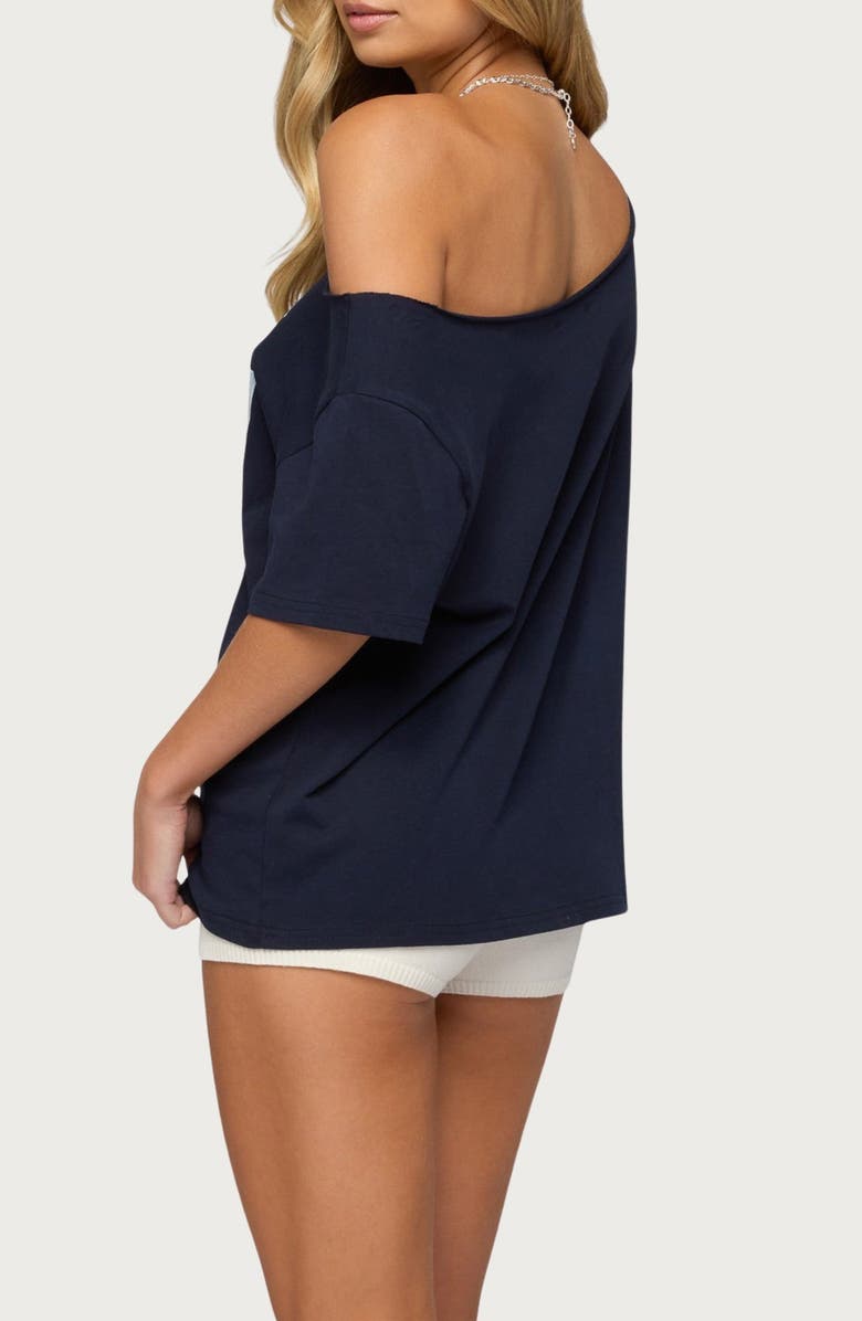 EDIKTED Hawaiian Babe Off the Shoulder Cotton Graphic T-Shirt, Alternate, color, Navy