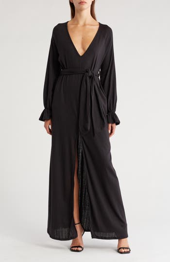 Go Couture Ruffle Cuff Long Sleeve Maxi Dress In Black