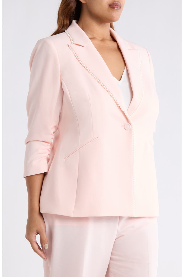 Faux Pearl Detail Ruched Sleeve Blazer, Alternate, color, TEA ROSE