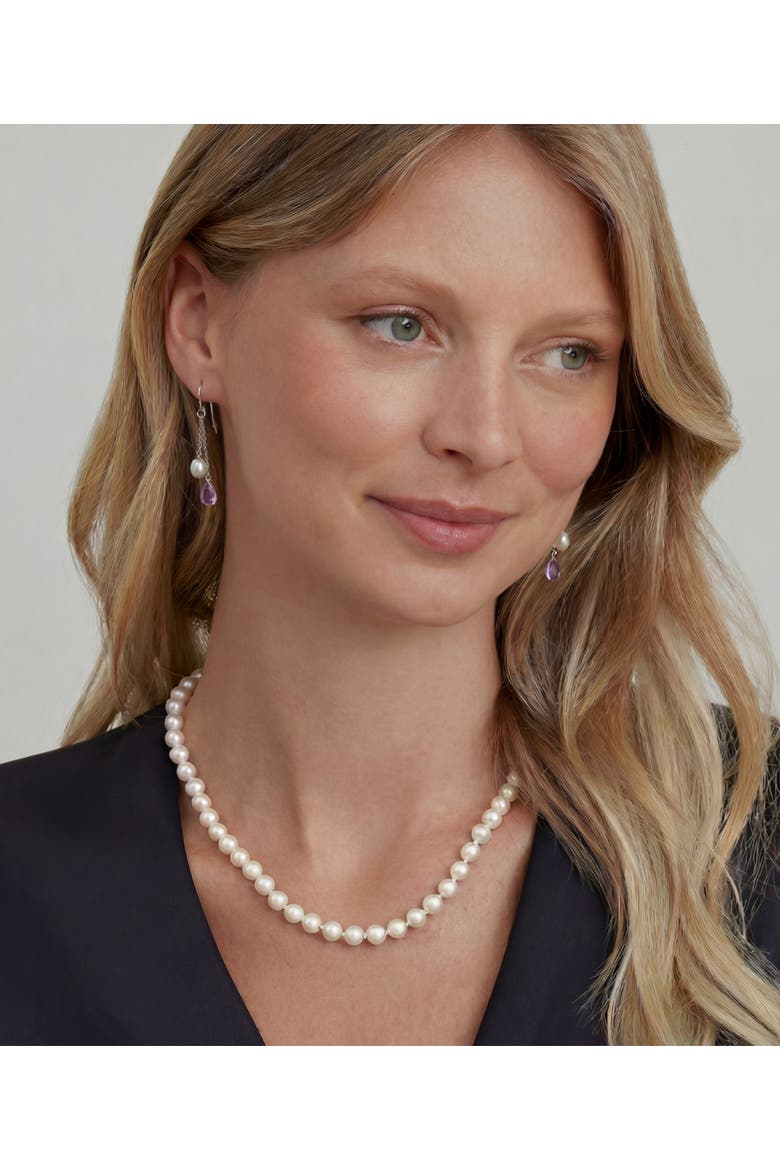 White Freshwater Drop Shape Cultured Pearl & amethyst Earrings, Alternate, color, Sterling Silver