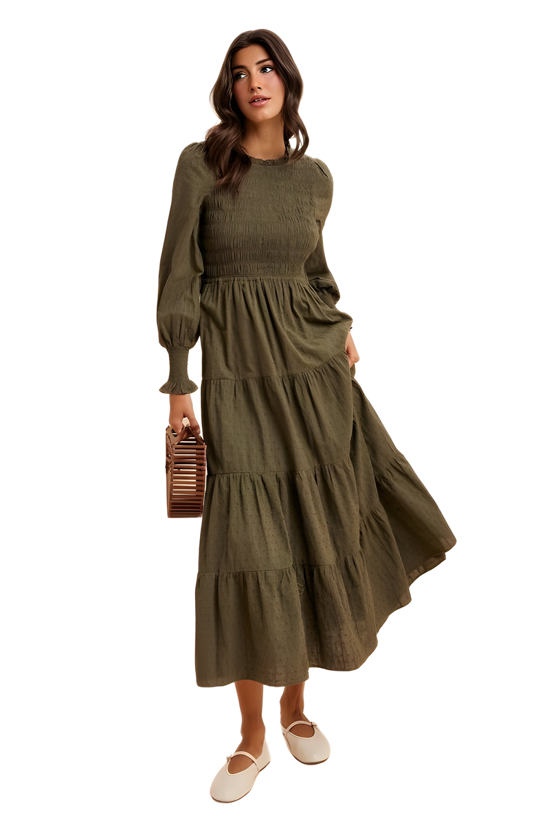 Knit and Lounge Smocked Tiered Long Sleeve Maxi Dress, Alternate, color, 