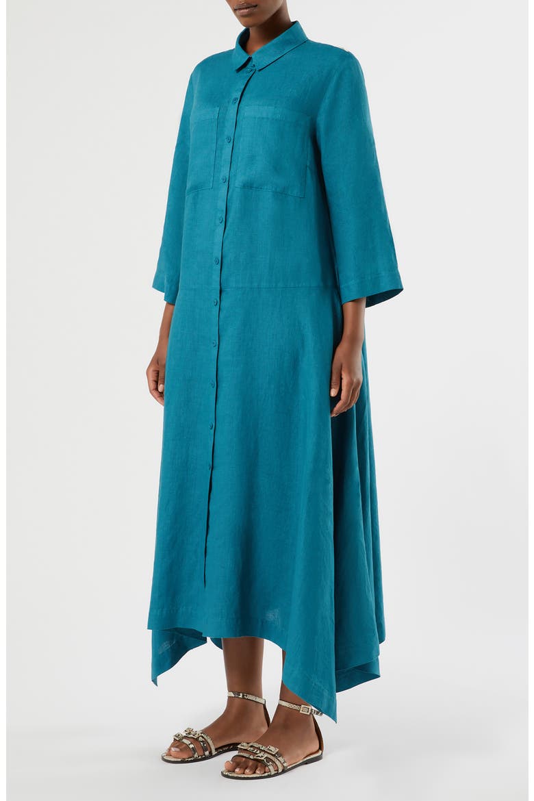 Valpe Shark-Bite Hem Linen Shirtdress, Main, color, TURQUOISE