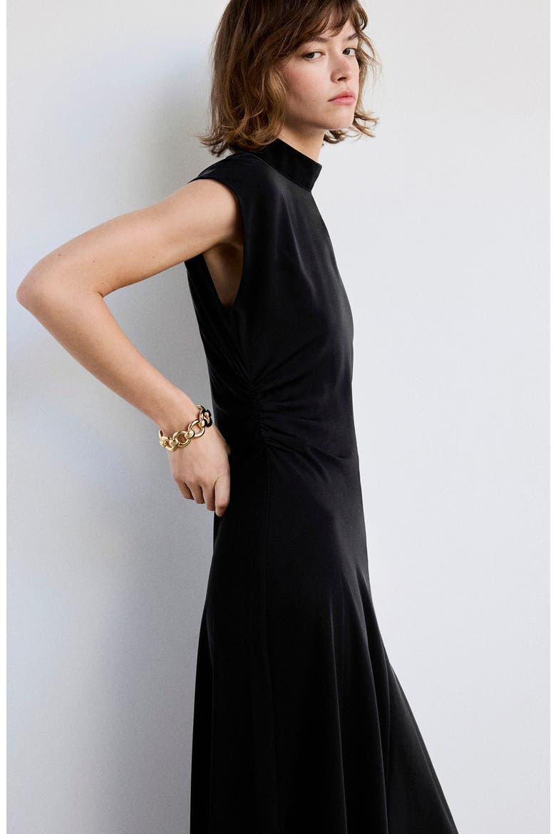 Gathered Mock Neck Midi Dress, Alternate, color, BLACK