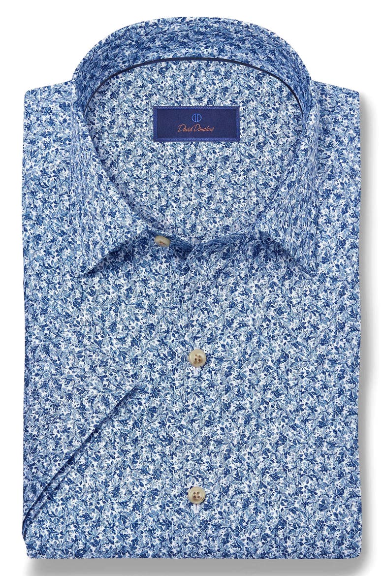 Botanical Print Short Sleeve Cotton Button-Up Shirt, Alternate, color, NAVY