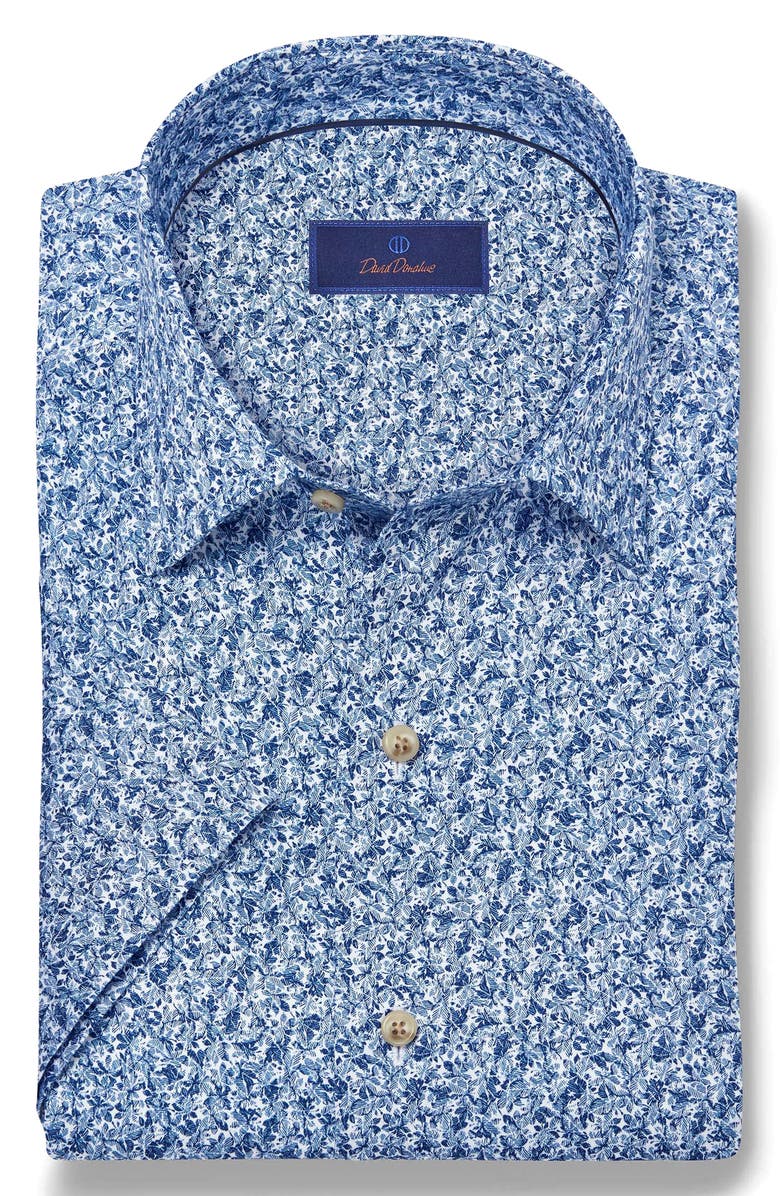 David Donahue Botanical Print Short Sleeve Cotton Button-Up Shirt, Alternate, color, Navy