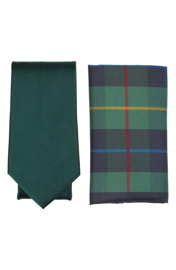 Brooks Brothers Solid Tie & Tartan Pocket Square Set In Green