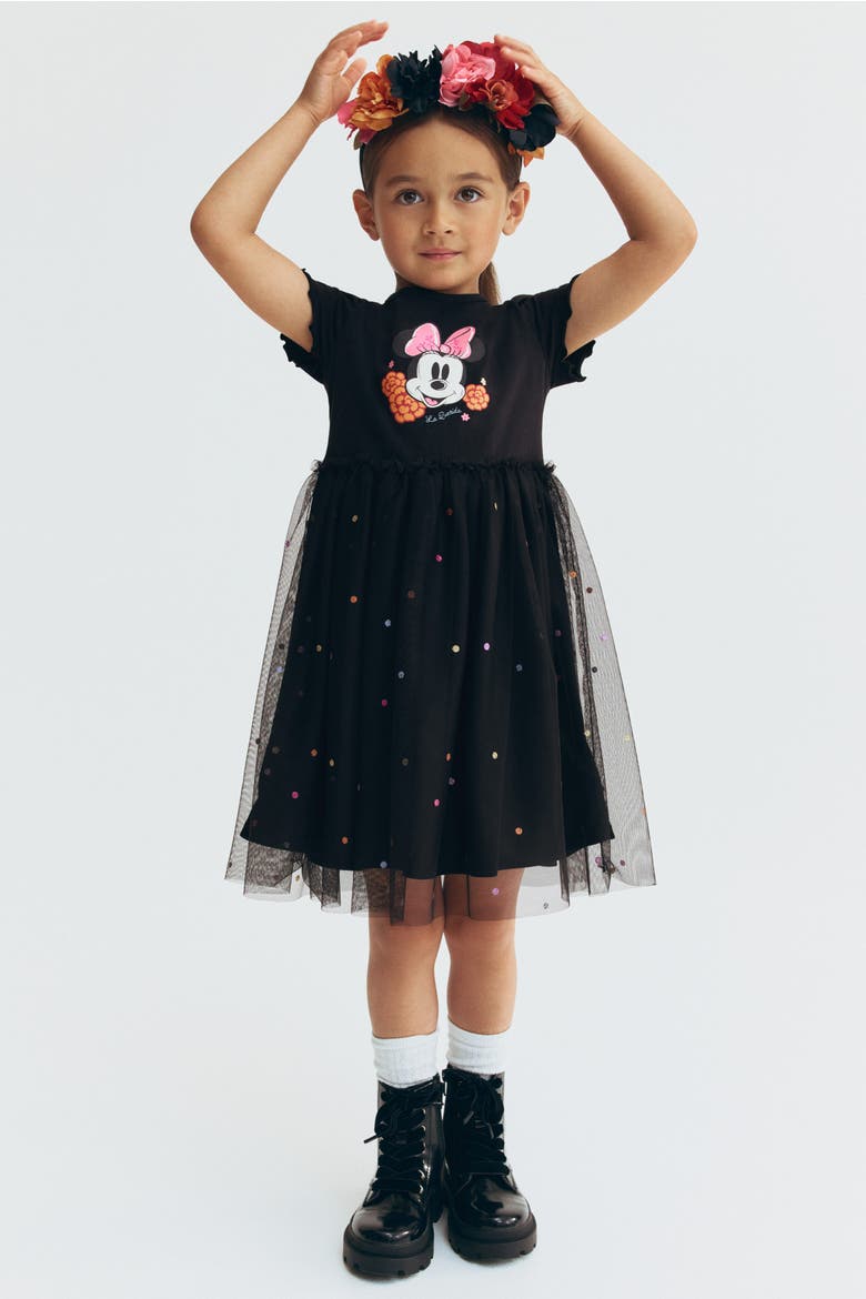 Printed Tulle-Skirt Dress, Alternate, color, Black/Minnie Mouse