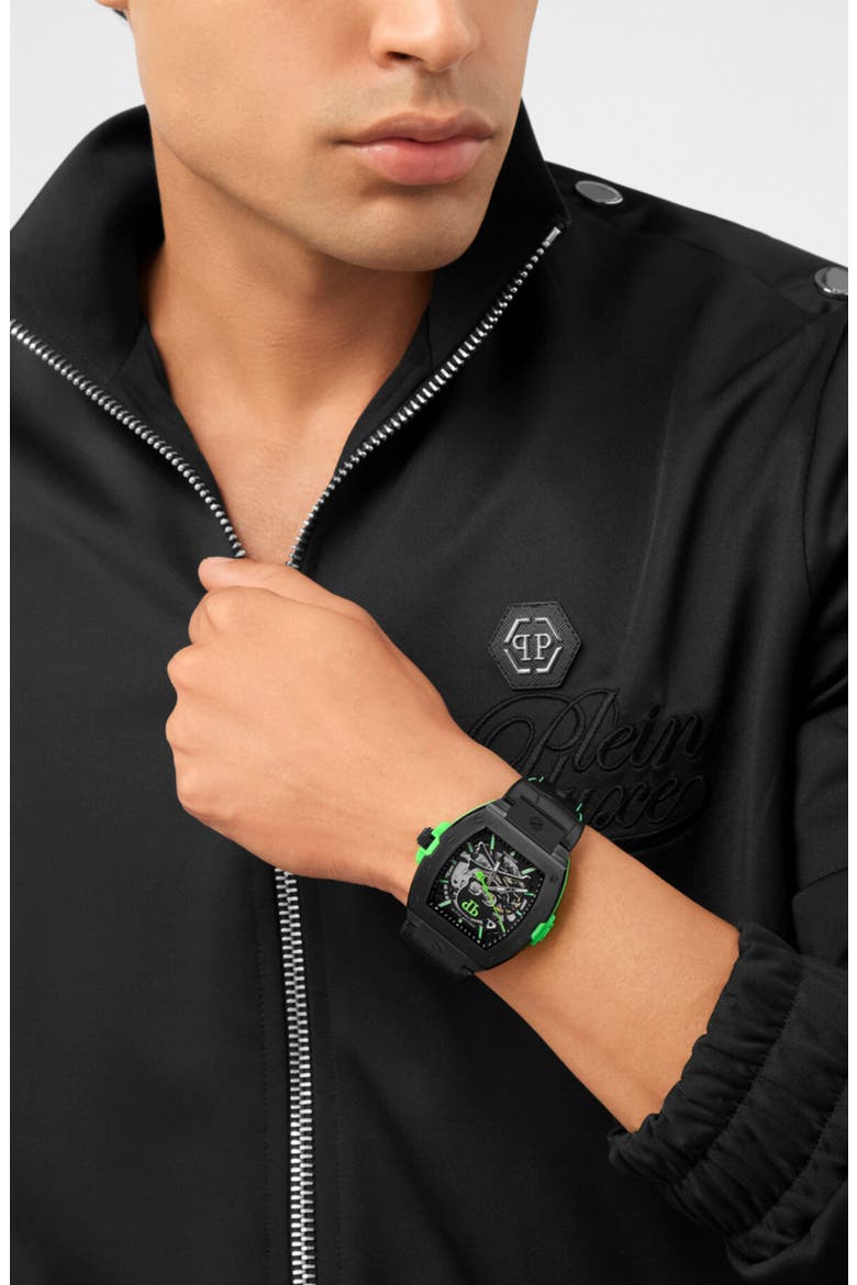 The $keleton 2.0 Automatic Leather Strap Watch, 44mm, Alternate, color, BLACK
