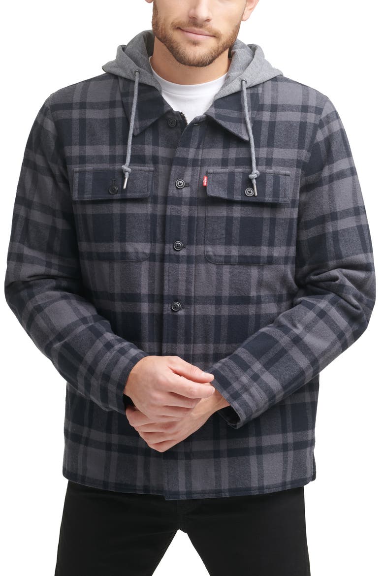 Plaid Faux Shearling Lined Jersey Hood Shirt Jacket, Main, color, GREY/NAVY PLAID