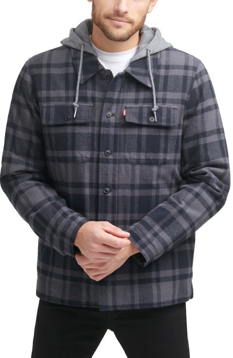 Plaid Faux Shearling Lined Jersey Hood Shirt Jacket