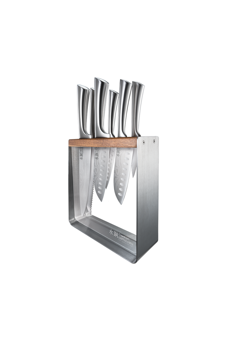 Damashiro® Kinzoku 7-Piece Knife Block + 4 Bonus Steak Knives, Main, color, Silver, Wood